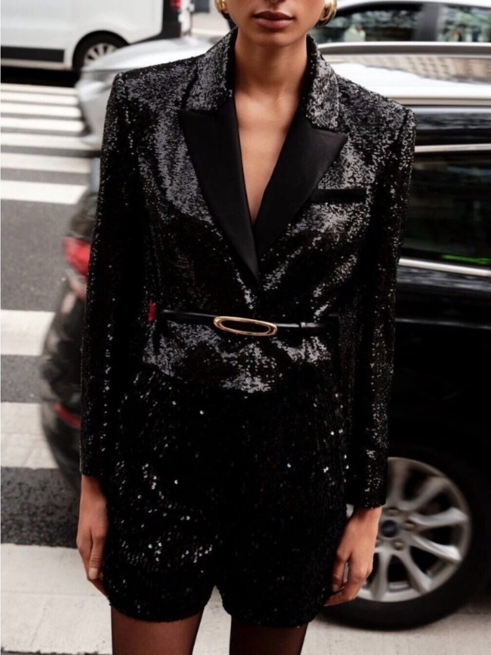 Zara Black Sequin Cropped Tuxedo Blazer Evening Party Jacket Size M